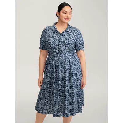 Bloomchic Geometric Print Belted Waist Maxi Dress In Blue
