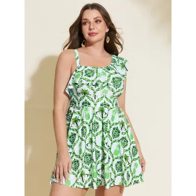 Bloomchic Geometric Print Cinched-waist Swim Dress In Green