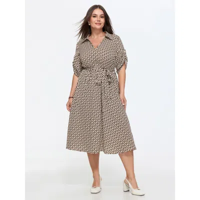Bloomchic Geometric Print Collared Knit Midi Dress In Brown