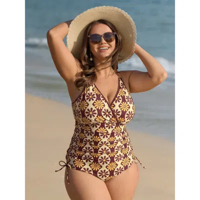 Bloomchic Geometric Print Embroidered One-piece Swimsuit In Multi