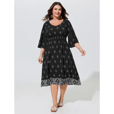 Bloomchic Geometric Print Flare Sleeve Shirred Waist Midi Dress In Black