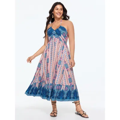 Bloomchic Geometric Print Halter Neckline Shirred Midi Dress In Multi