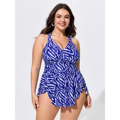 Bloomchic Geometric Print Halter Neckline Swim Dress In Blue