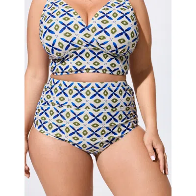 Bloomchic Geometric Print High-waisted Swim Bottoms In Blue