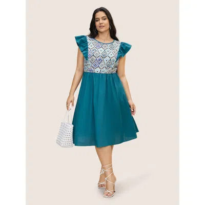 Bloomchic Geometric Print Patchwork Cap Sleeve Dress In Blue