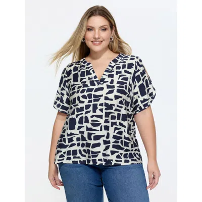 Bloomchic Geometric Print Petal Sleeve Blouse In Blue