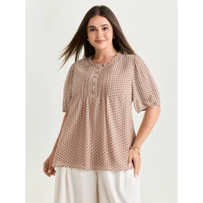 Bloomchic Geometric Print Pleated Ruffled Neck Blouse In Brown