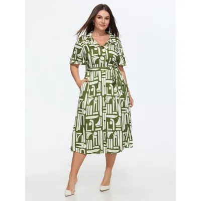 Bloomchic Geometric Print Pockets Collared Midi Dress In Olive