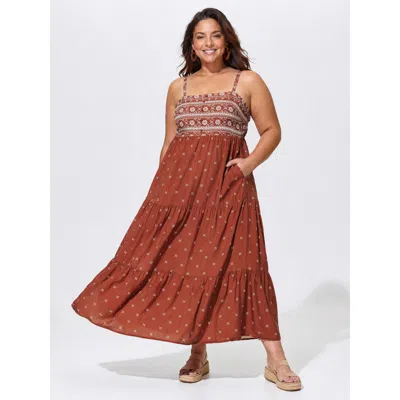 Bloomchic Geometric Print Pockets Tiered Maxi Dress In Brown