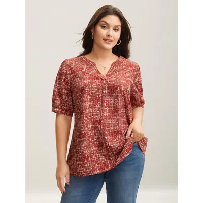 Bloomchic Geometric Print Puff Sleeve Blouse In Scarlet