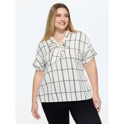 Bloomchic Geometric Print Ribbon Neckline Blouse In White