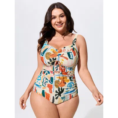 Bloomchic Geometric Print Ruched Bodice One-piece Swim In Multi