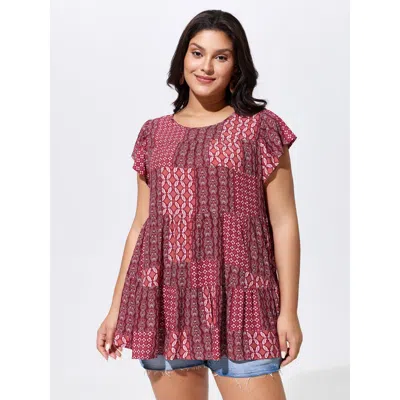 Bloomchic Geometric Print Ruffled Sleeve Top In Burgundy