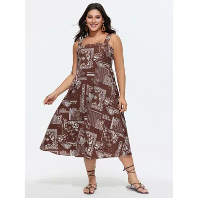 Bloomchic Geometric Print Shirred Overall Straps Midi Dress In Multi