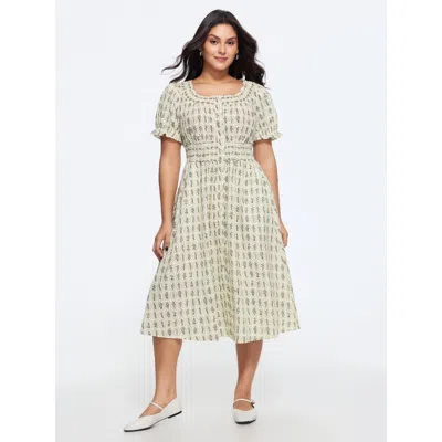 Bloomchic Geometric Print Shirred Waist Midi Dress In Tan