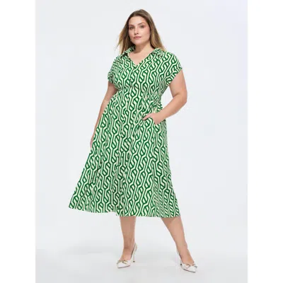 Bloomchic Geometric Print Stretchy Waist Midi Dress In Multi