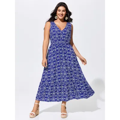 Bloomchic Geometric Print V-neck Midi Dress In Blue