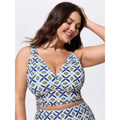 Bloomchic Geometric Print V-neckline Swim Top In Blue