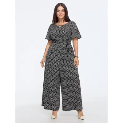 Bloomchic Geometric Print Waist Tie Wide Leg Jumpsuit In Black