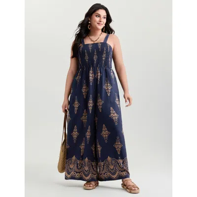 Bloomchic Geometric Print Waist-defining Shirred Jumpsuit In Blue