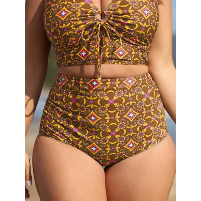 Bloomchic Geometric Ruched Tummy-control Bikini Bottoms In Brown