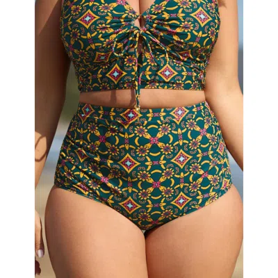 Bloomchic Geometric Ruched Tummy-control Bikini Bottoms In Green