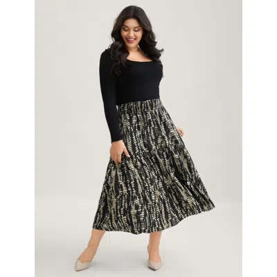 Bloomchic Geometric Shirred Ruffle Layered Hem Skirt In Black