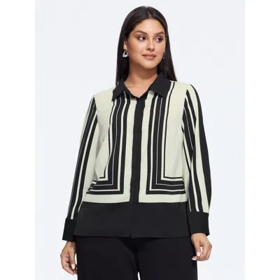 Bloomchic Geometric Striped Button‑down Blouse In Black