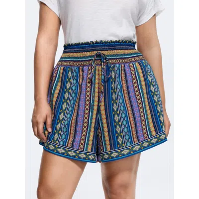 Bloomchic Geometric Striped Drawstring Waist Shorts In Blue