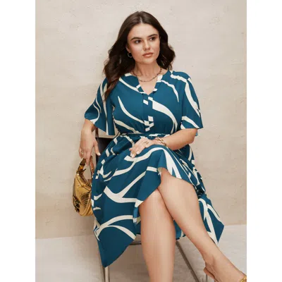 Bloomchic Geometric Surplice Neck Tie Knot Midi Dress In Green