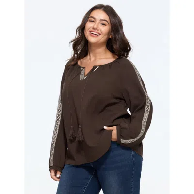 Bloomchic Geometric Tape Tassel Tie Blouse In Darkbrown