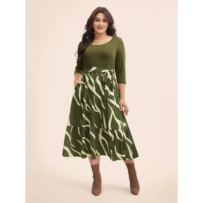 Bloomchic Geometric Texture Patchwork Belted Dress In Green