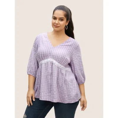 Bloomchic Gingham Patchwork Lantern Sleeve Blouse In Purple