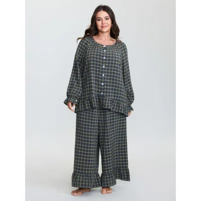 Bloomchic Gingham Print Ruffled Hem Co-ord Pajama Set In Green