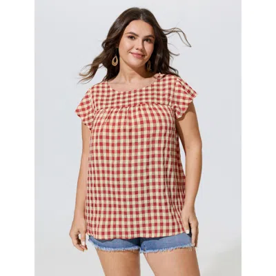 Bloomchic Gingham Print Ruffled Sleeve Pleated Blouse In Scarlet