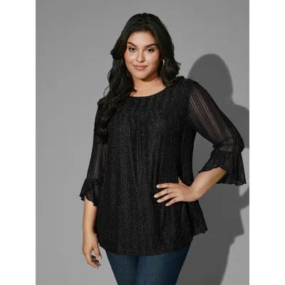 Bloomchic Glitter Gathered Patchwork Ruffles Top In Black