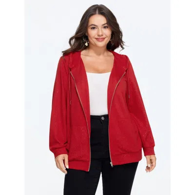 Bloomchic Glitter Pocket Zipper Hoodie In Red