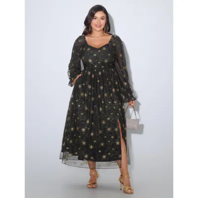 Bloomchic Gold Foil Star Pattern Mesh Front Split Midi Dress In Black
