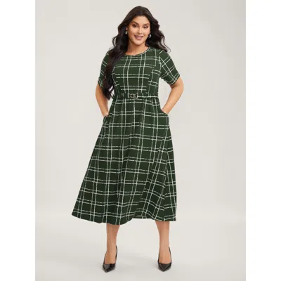 Bloomchic Grid Print Knit Belted Midi Dress In Hunter Green