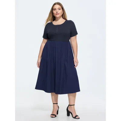 Bloomchic Half Button Placket Round Neck Midi Dress In Blue