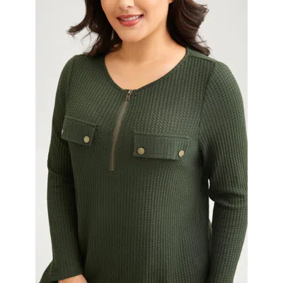 Bloomchic Half Zipper Flap Detail Pockets Knit Top In Green
