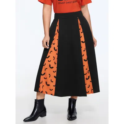 Bloomchic Halloween Bat Print Colorblock Pleated Midi Skirt In Black