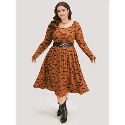 Bloomchic Halloween Bat Print Pocket Square Neck Dress In Brown