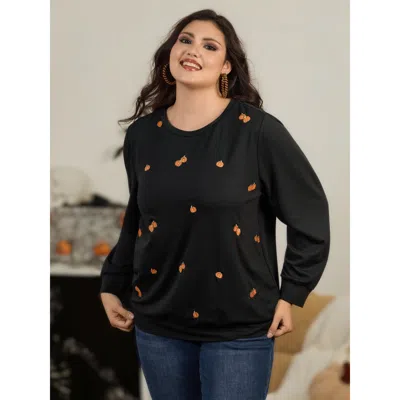 Bloomchic Halloween Cute Pumpkin Embroidery Crew Neck Sweatshirt In Multi