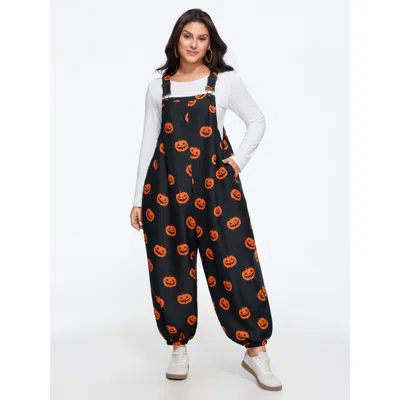 Bloomchic Halloween Jack‑o‑lantern Print Adjustable Strap Overall Jumpsuit In Blackflower