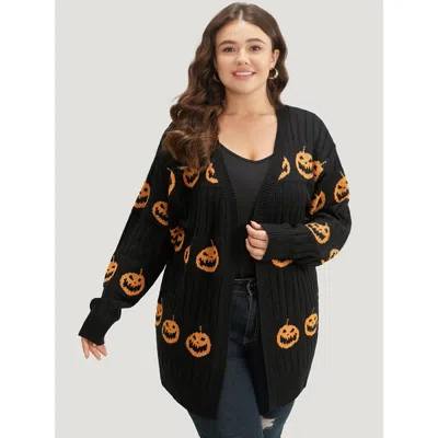 Bloomchic Halloween Pumpkin Graphic Open Front Cardigan In Black