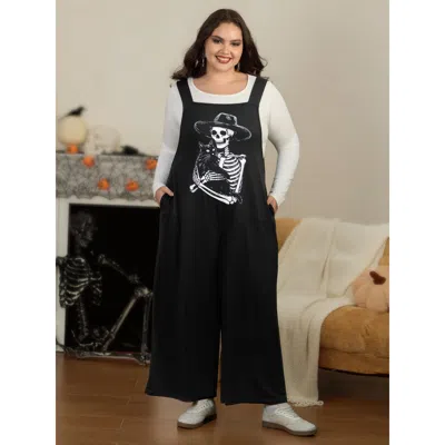 Bloomchic Halloween Skeleton Cat Print Pocket Overall Jumpsuit In Black