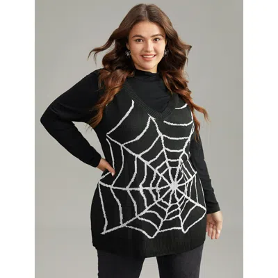 Bloomchic Halloween Supersoft Essentials Spider Web V Neck Sweater Vest Women's Plus Size Women Black Graphic-