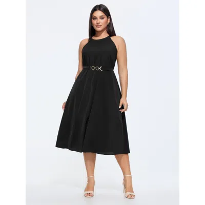 Bloomchic Halter Neckline Waist-buckle Midi Dress In Black