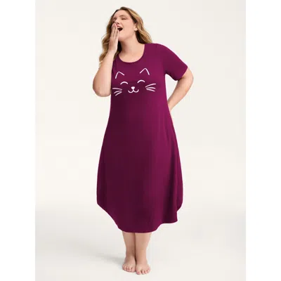 Bloomchic Happy Cat Print Stretchy Contrast Nightgown In Purple